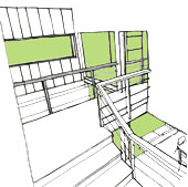 interior view: bridge to master bedroom